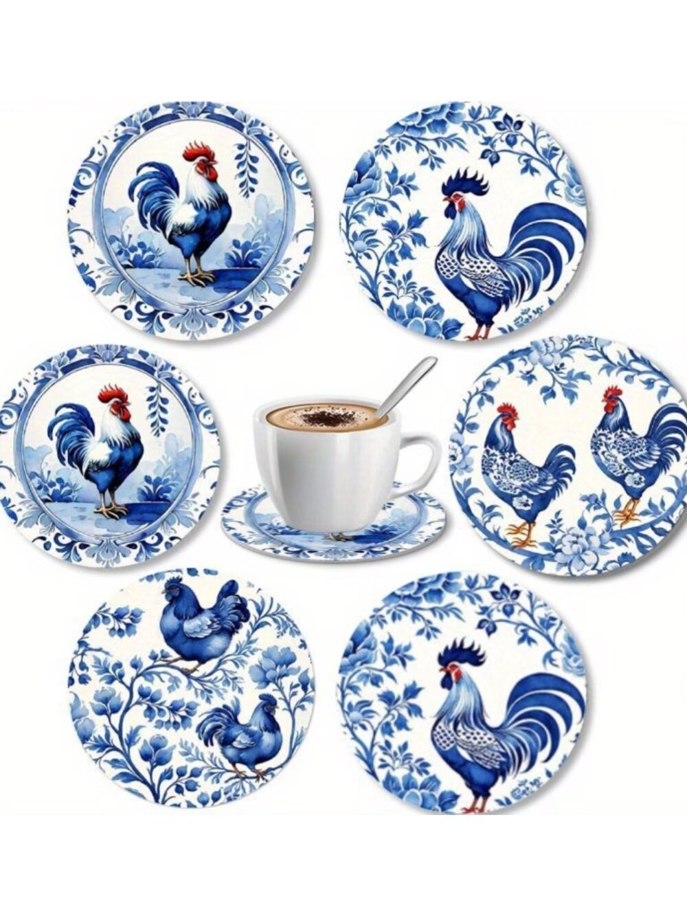Wood Rooster Coasters in Blue & White Chinoiserie Style 6pcs Cottagecore - Picture 4 of 6